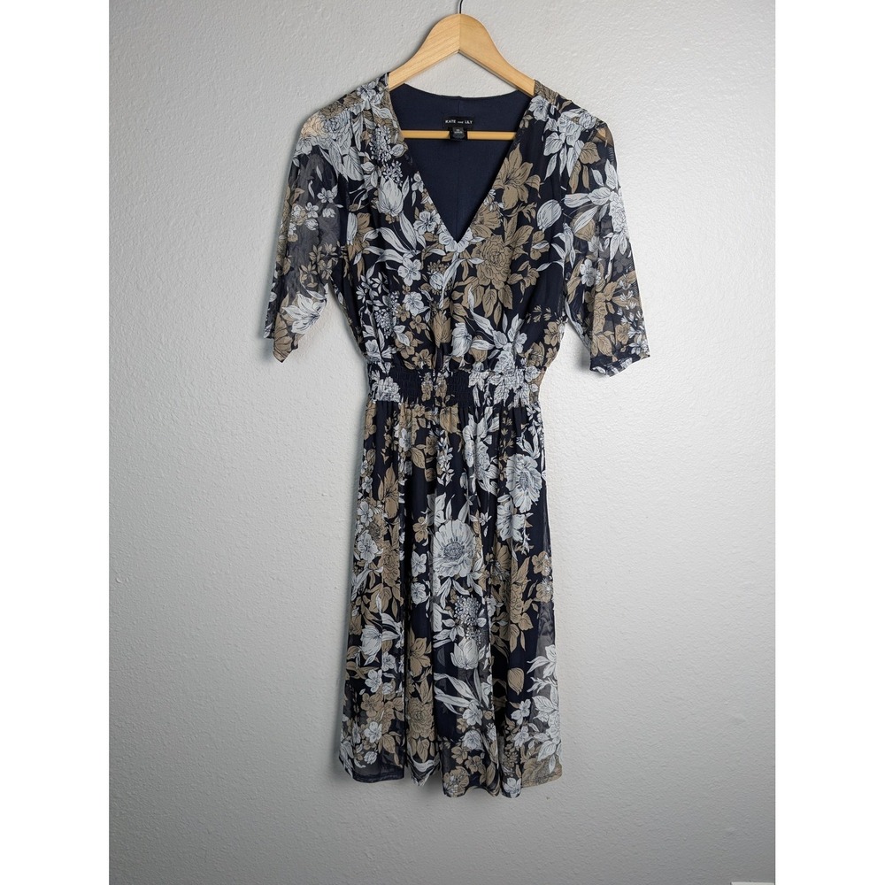 KATE And LILY Dress Womens 10 Blue Knee Length Fitβ & Flare 3/4 Sleeve Floral